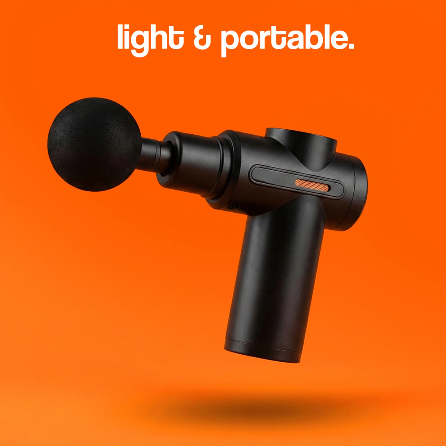 A black, light & portable massage gun floating over an orange background.