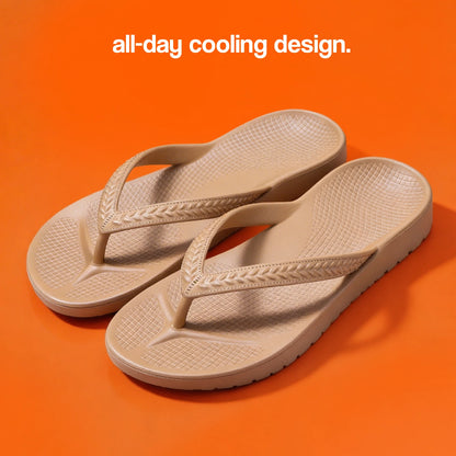 Khaki Brown Arch Support Flip Flops featuring an all-day cooling design.