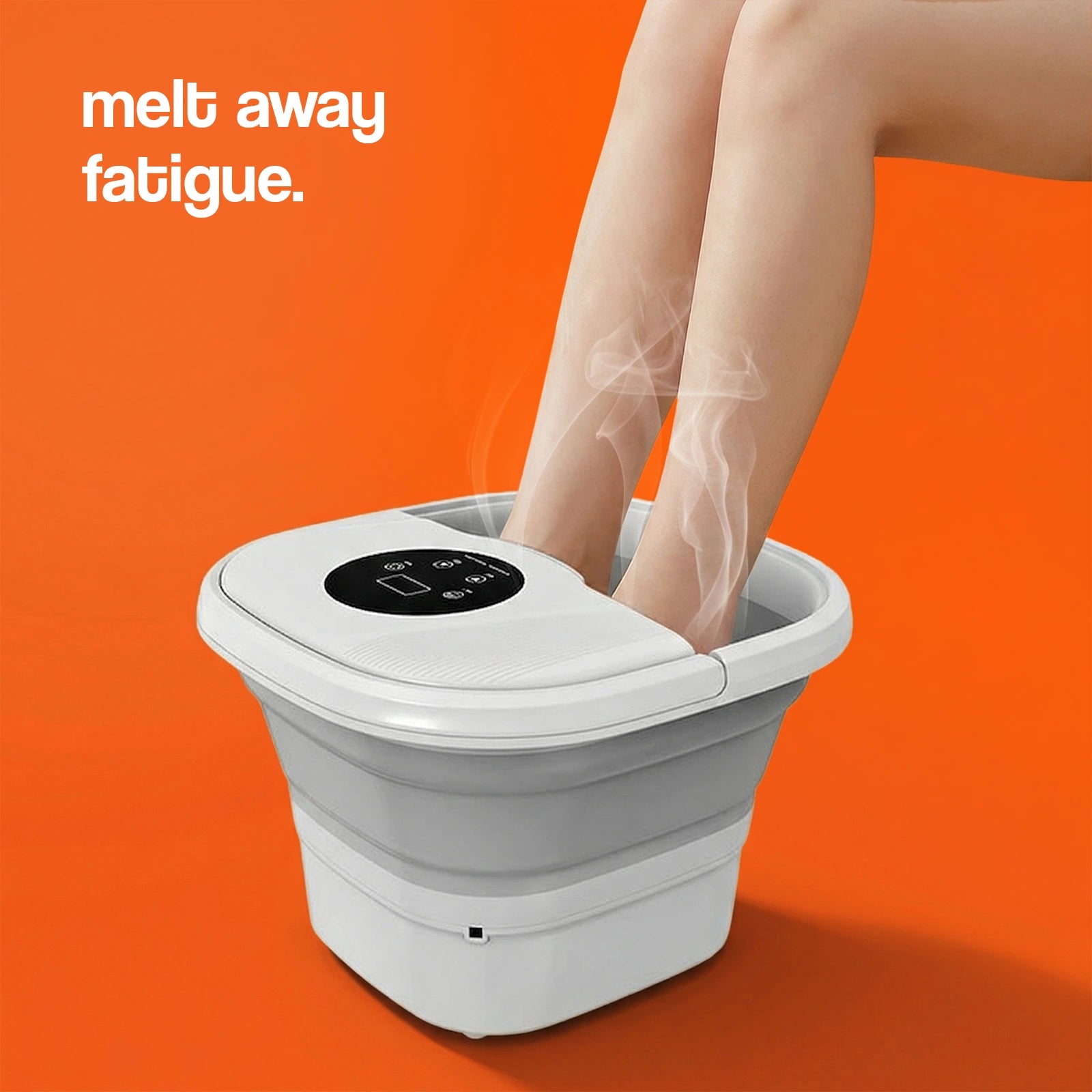 Foot spa with a sleek design, featuring a control panel and steam rising, set against an orange background.
