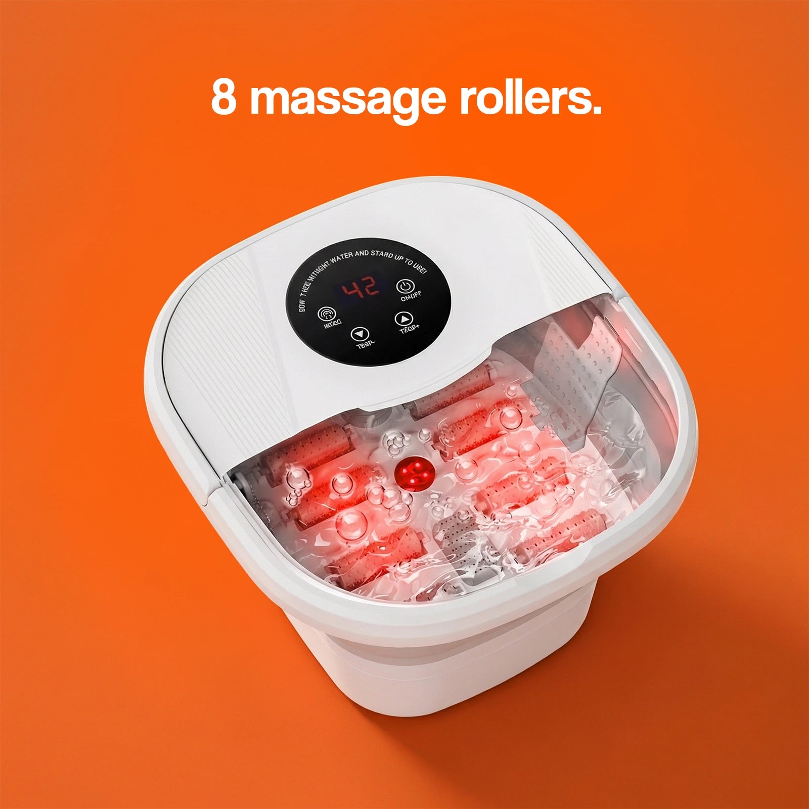 Foot spa with eight massage rollers, clear water, and a digital control panel on a bright orange background.