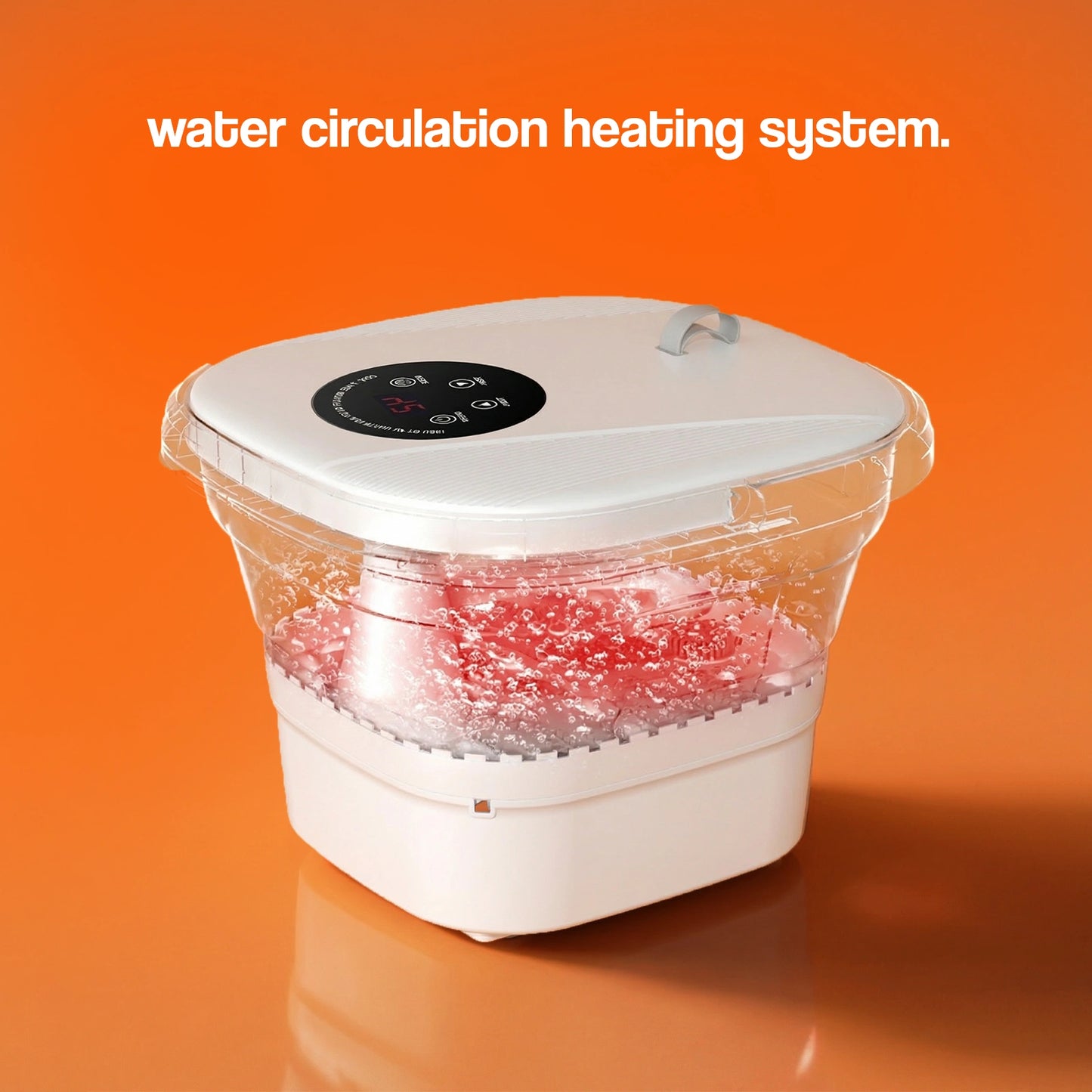 Foot spa with a transparent lid, water circulation heating system, and bubbles in the heated water.